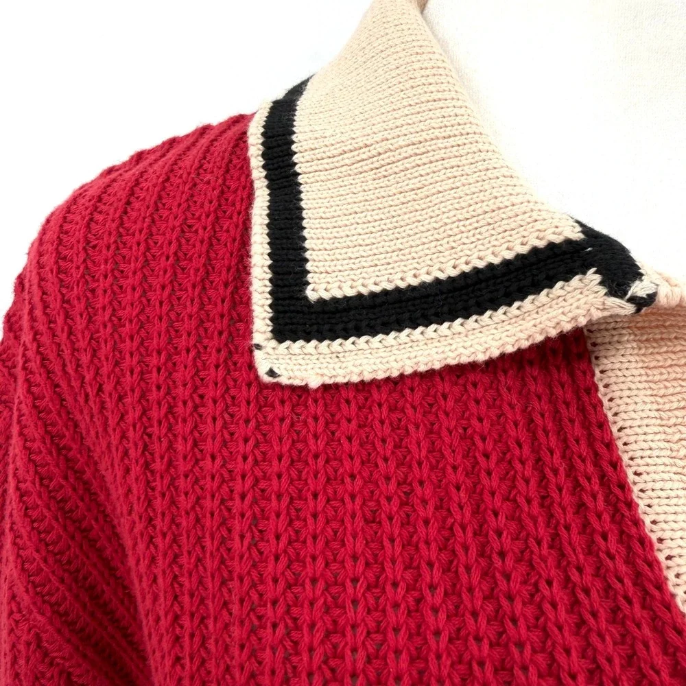 OXKNIT 100% Cotton Long Sleeve Polo Sweater Mod Style Retro Red Medium